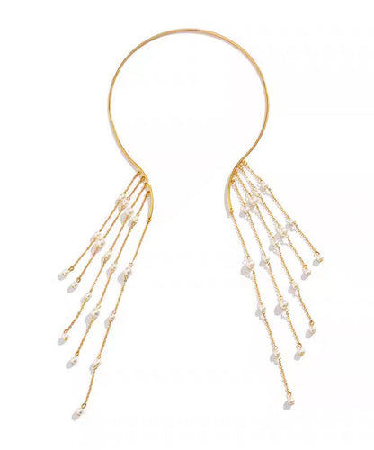 Style Gold Copper Alloy Pearl Beading Tassel Lariat Necklace