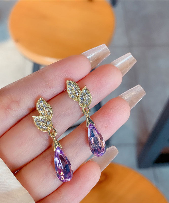 Pendientes de gota de agua con hojas de cristal de circonita incrustadas en cobre dorado