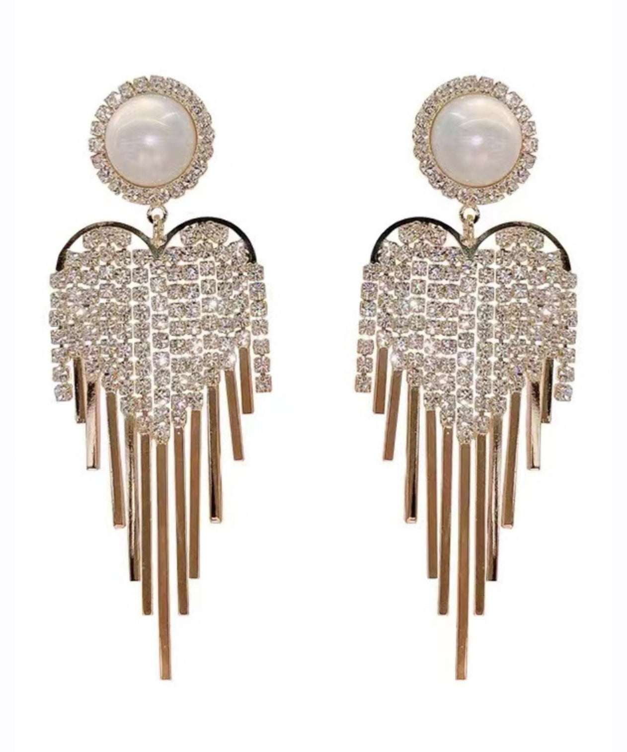 Pendientes colgantes con borlas de perla y circonitas doradas y cobre dorado