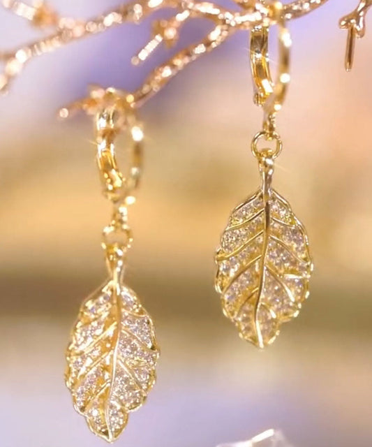 Stil Gold Sterling Silber Intarsien Zirkon Blatt Tropfen Ohrringe