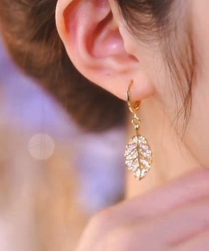 Stil Gold Sterling Silber Intarsien Zirkon Blatt Tropfen Ohrringe