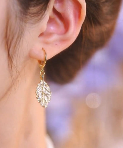 Stil Gold Sterling Silber Intarsien Zirkon Blatt Tropfen Ohrringe