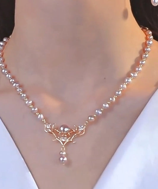 Collar de princesa de alce con perla dorada y plata de ley estilo oro