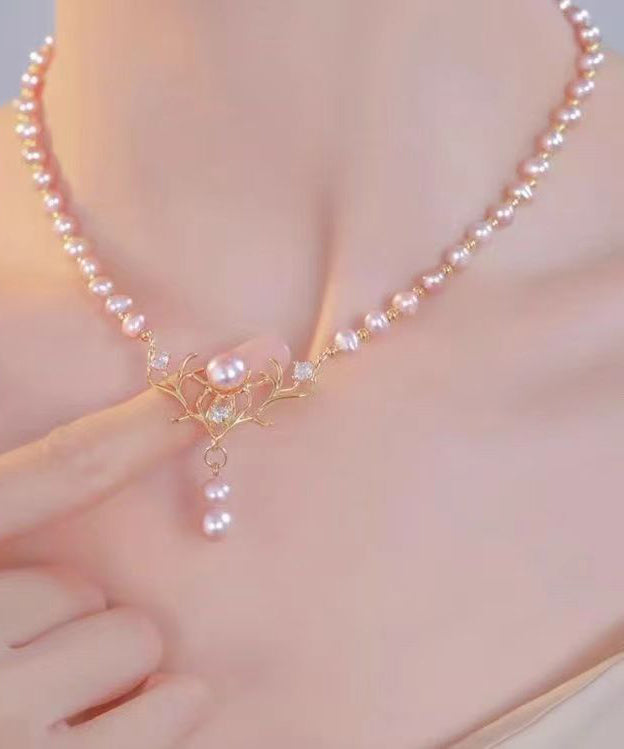 Collar de princesa de alce con perla dorada y plata de ley estilo oro