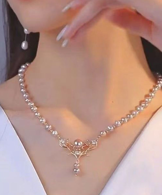 Collar de princesa de alce con perla dorada y plata de ley estilo oro