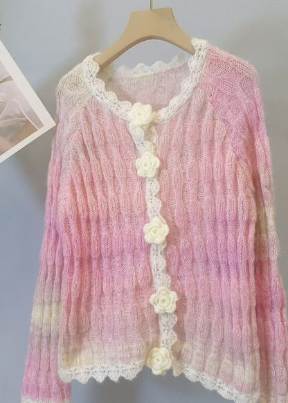 Style Gradient Color Flower Patchwork Knit Cardigan Spring