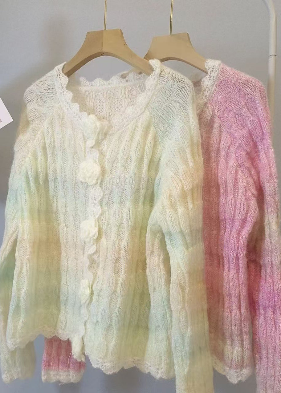 Style Gradient Color Flower Patchwork Knit Cardigan Spring
