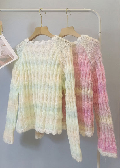 Style Gradient Color Flower Patchwork Knit Cardigan Spring