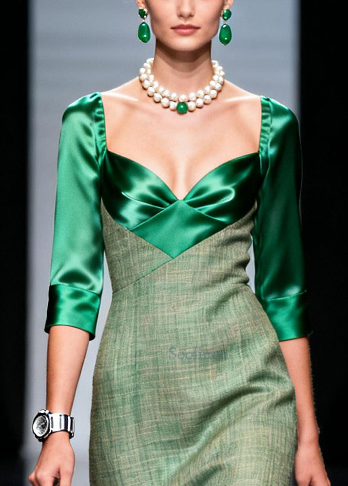 Style Green Bustier Top Patchwork Silk Mid Dresses Summer