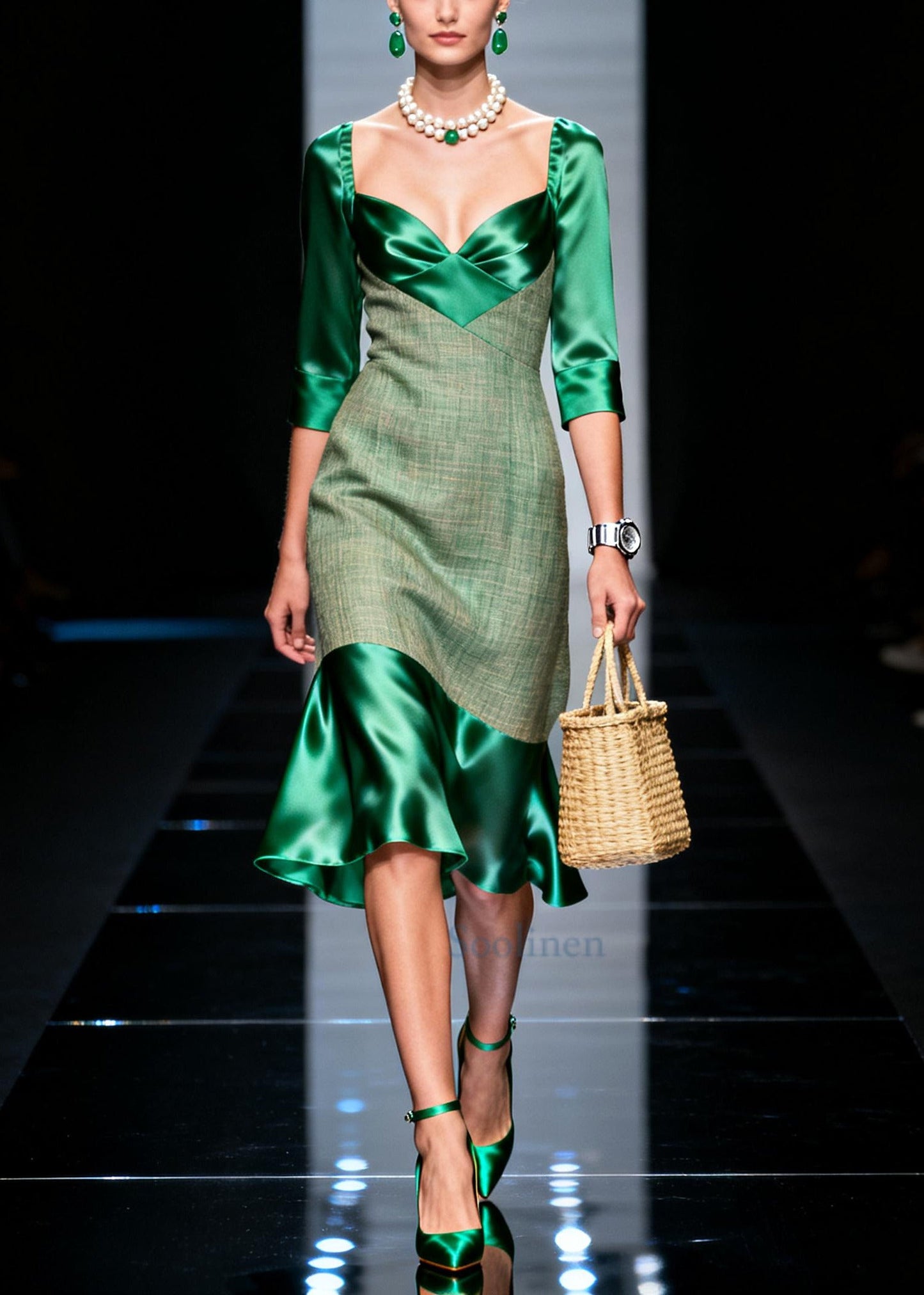 Style Green Bustier Top Patchwork Silk Mid Dresses Summer