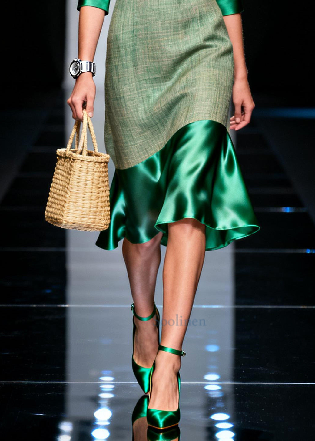 Style Green Bustier Top Patchwork Silk Mid Dresses Summer