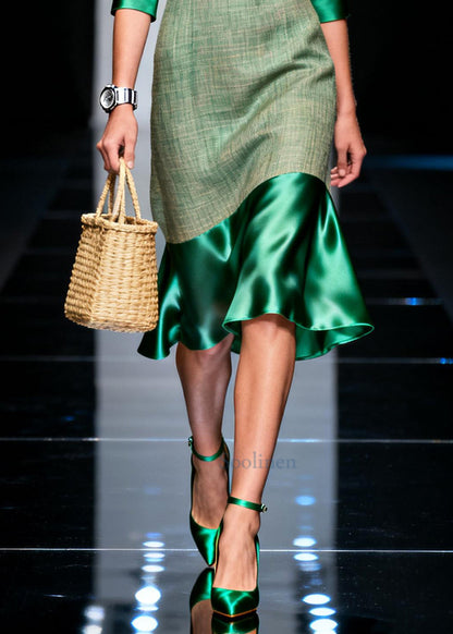 Style Green Bustier Top Patchwork Silk Mid Dresses Summer