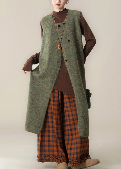 Conjunto de tres piezas de jersey largo de punto de algodón verde con cuello redondo, vestido, top y pantalones anchos sin mangas