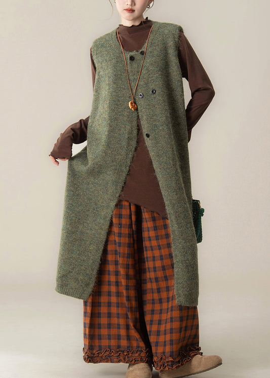 Conjunto de tres piezas de jersey largo de punto de algodón verde con cuello redondo, vestido, top y pantalones anchos sin mangas