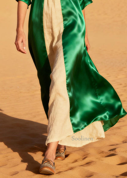 Style Green Oversized Patchwork Linen Silk Holiday Dress Summer