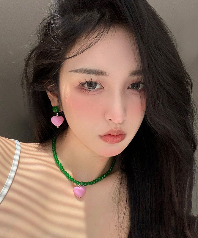 Stil Grüne Perle Legierung Rosa Liebe Kristall Ohrstecker