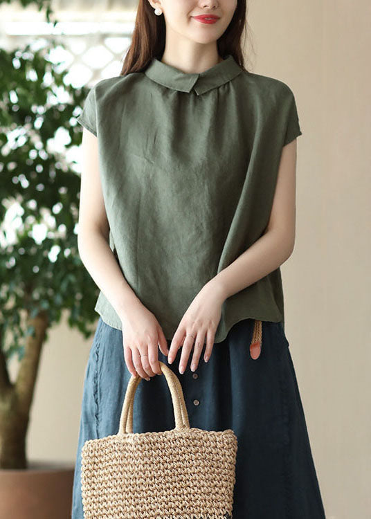 Stil Grün Peter Pan Kragen Knopf Patchwork Leinen Hemd Top Sommer
