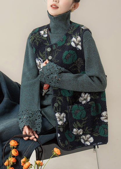 Conjunto de dos piezas de chaleco y top de piel sintética con estampado verde estilo invierno