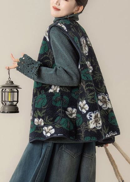 Conjunto de dos piezas de chaleco y top de piel sintética con estampado verde estilo invierno