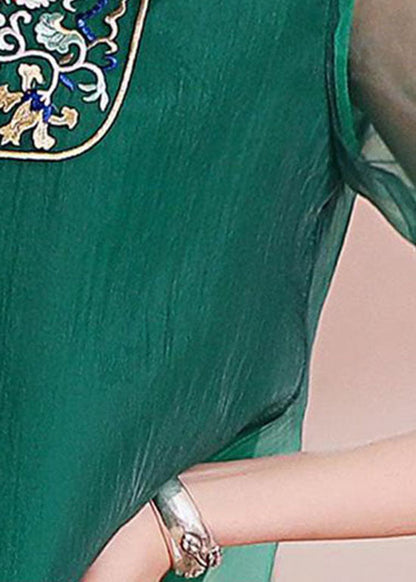 Stil Grün Stehkragen knopf Bestickt Chiffon Top Halbe Ärmel