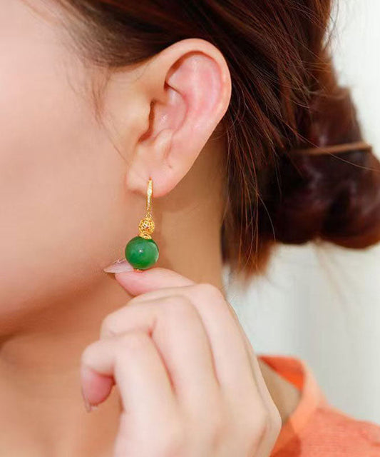 Pendientes colgantes de jade dorado con plata de ley verde estilo