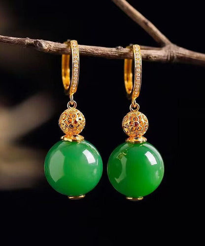 Pendientes colgantes de jade dorado con plata de ley verde estilo