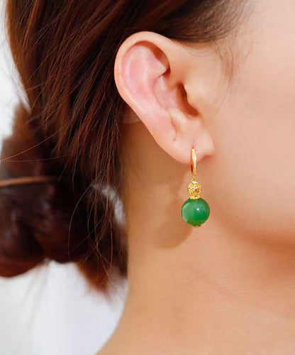 Pendientes colgantes de jade dorado con plata de ley verde estilo