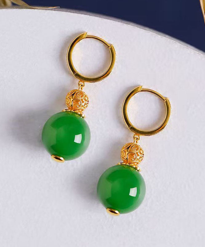 Pendientes colgantes de jade dorado con plata de ley verde estilo