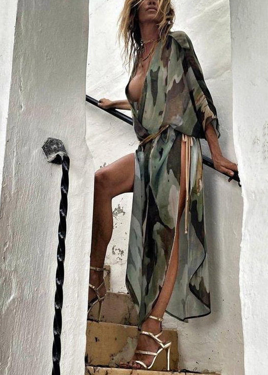 Style Green Striped Side Open Cotton Long Cardigan Summer