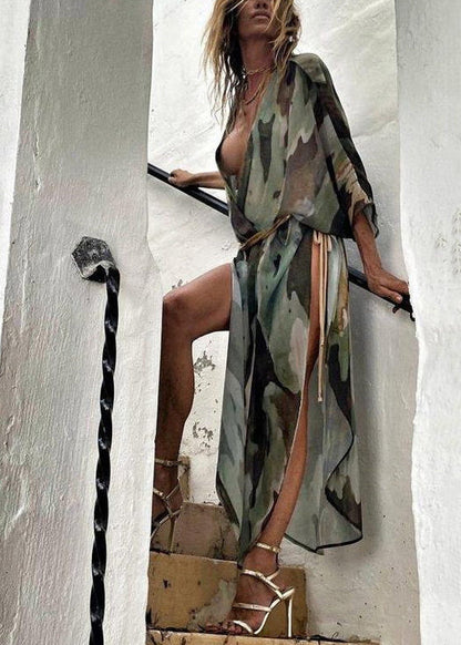 Style Green Striped Side Open Cotton Long Cardigan Summer