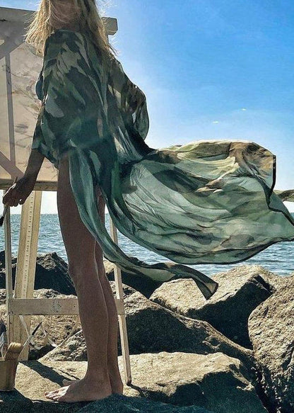 Style Green Striped Side Open Cotton Long Cardigan Summer