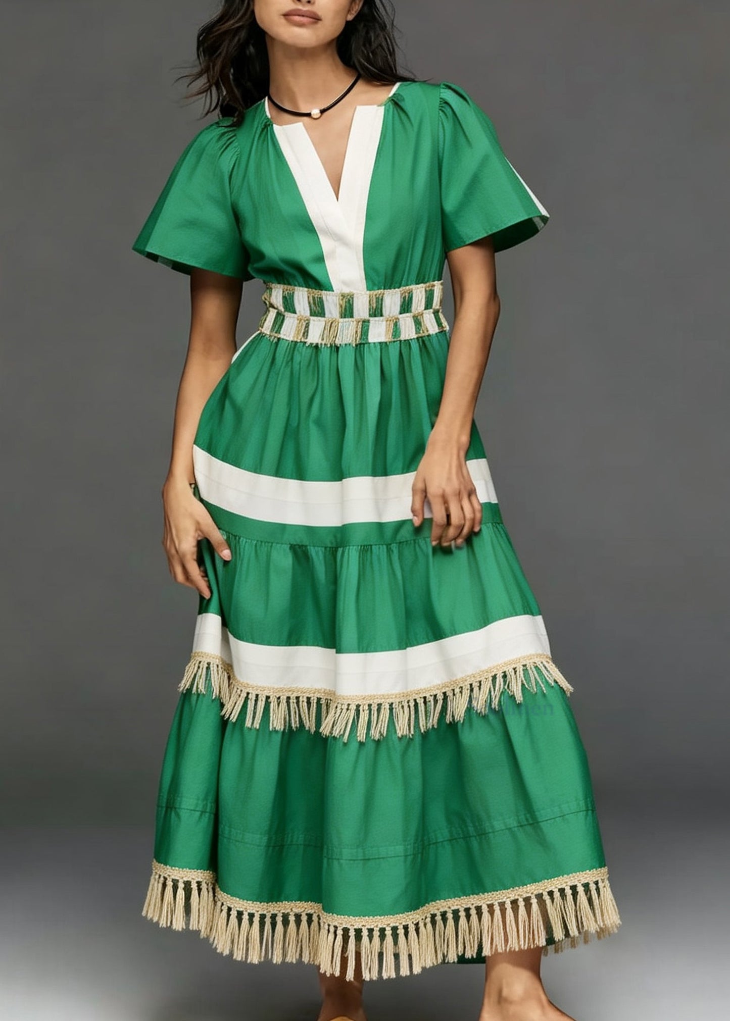 Style Green Tasseled Patchwork Cotton Long Dress Summer