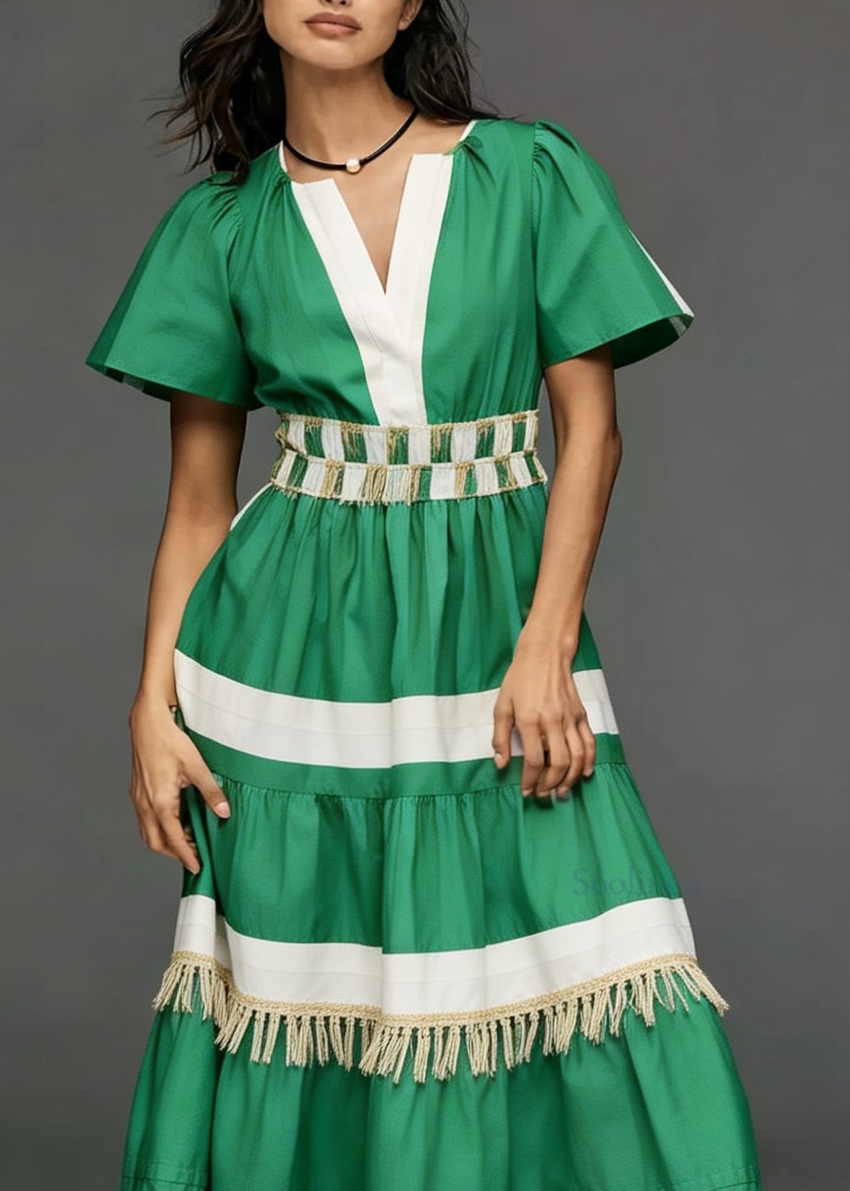 Style Green Tasseled Patchwork Cotton Long Dress Summer