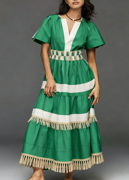 Style Green Tasseled Patchwork Cotton Long Dress Summer