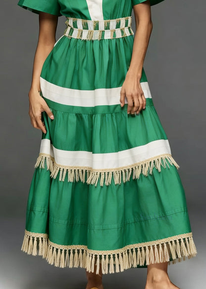Style Green Tasseled Patchwork Cotton Long Dress Summer