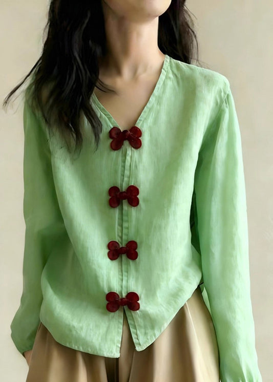 Camisa de algodón con lazo y cuello en V verde estilo primavera
