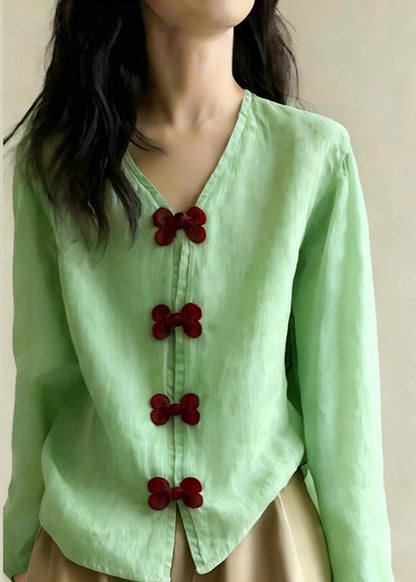 Camisa de algodón con lazo y cuello en V verde estilo primavera