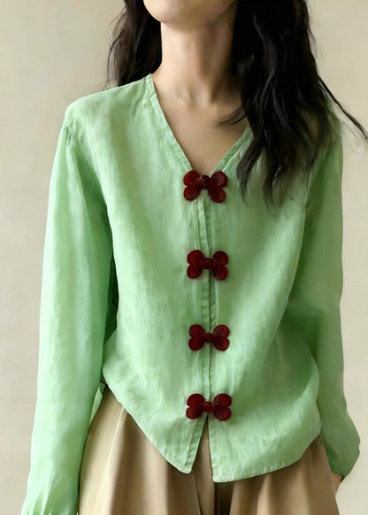 Camisa de algodón con lazo y cuello en V verde estilo primavera
