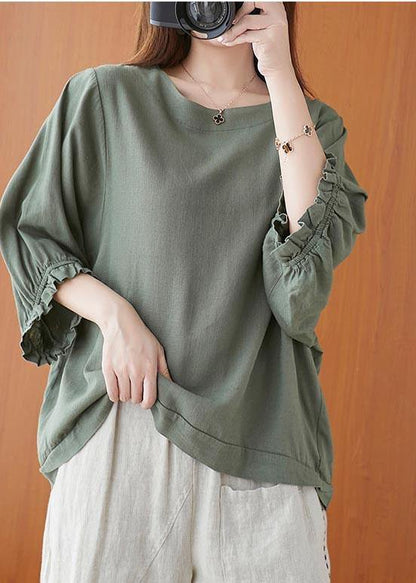 Style Green lantern sleeve Cotton Blouse Top Summer - SooLinen