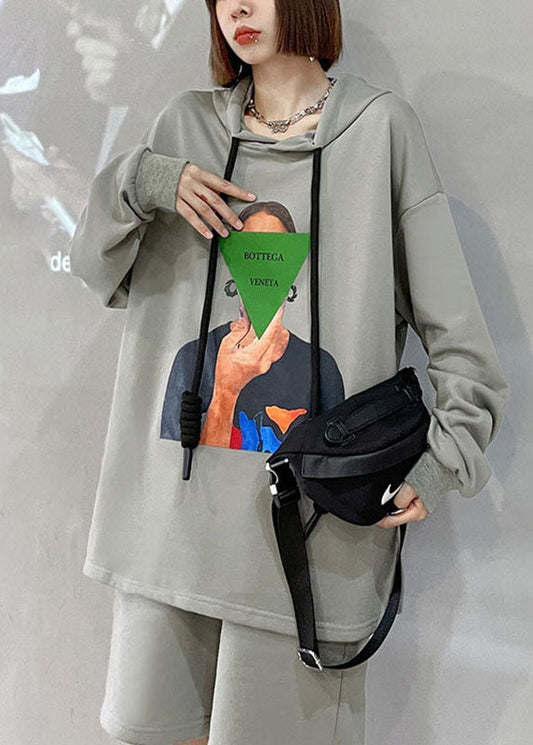 Stil Grau Lose mit kapuze Print Herbst Zwei Stück Set Lange ärmel