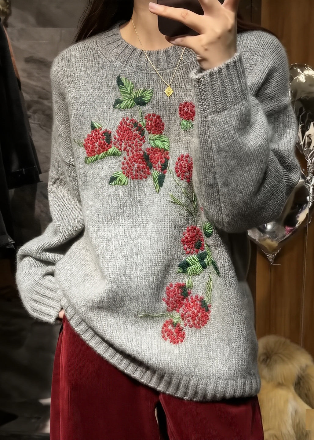 Suéteres de punto bordados con cuello redondo gris estilo primavera