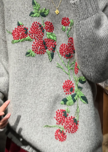 Suéteres de punto bordados con cuello redondo gris estilo primavera