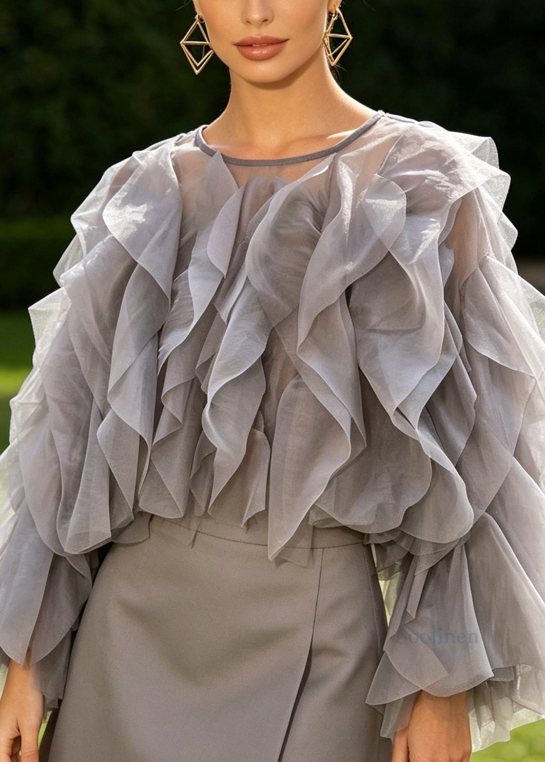 Style Grey O Neck Ruffled Patchwork Chiffon Blouses Long Sleeve