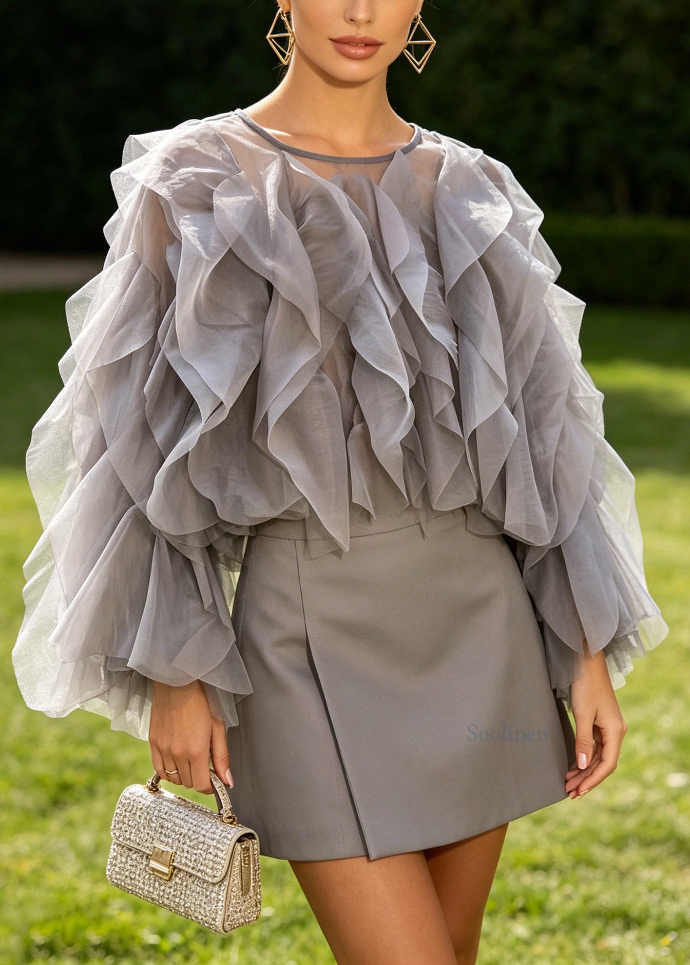 Style Grey O Neck Ruffled Patchwork Chiffon Blouses Long Sleeve