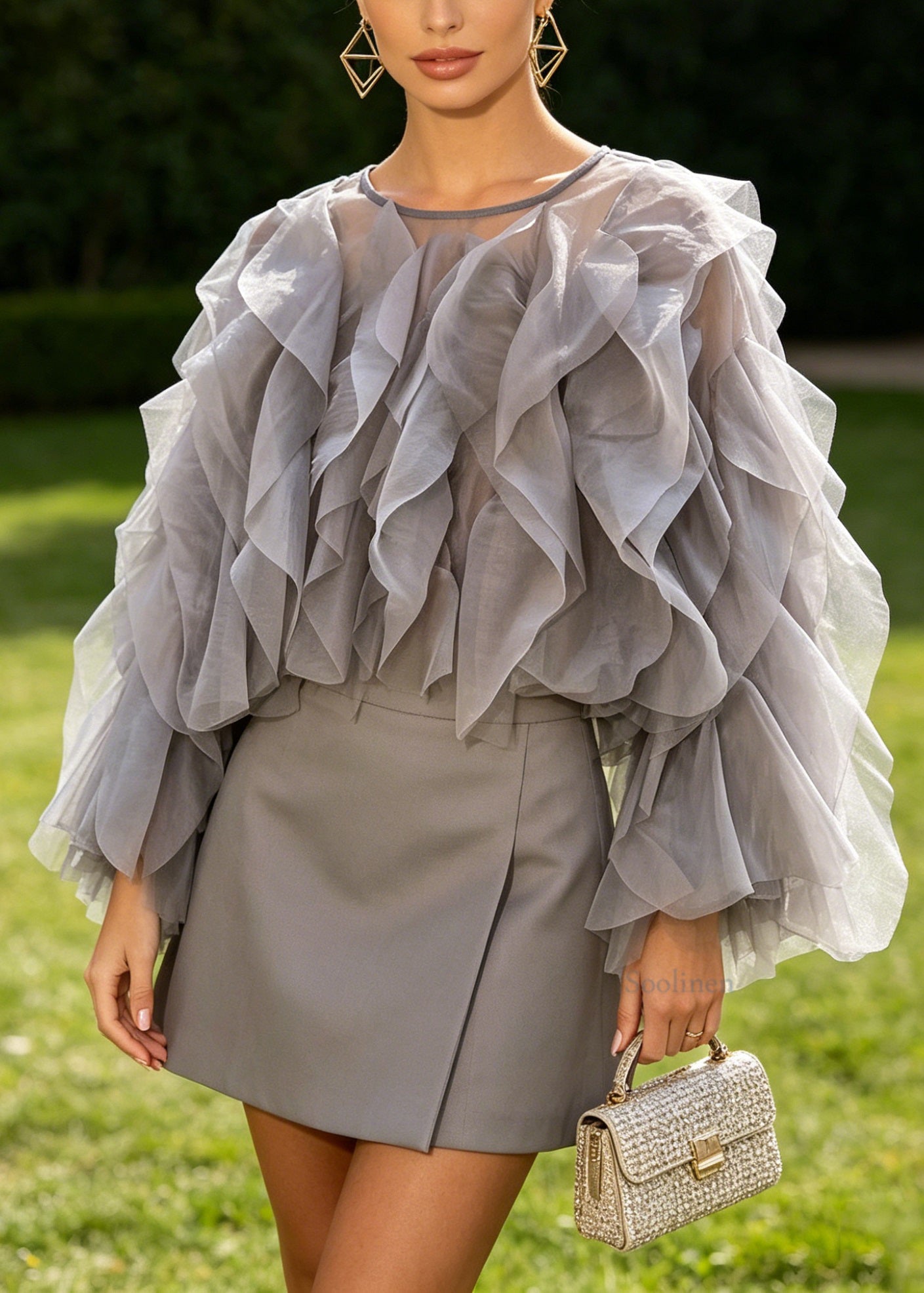 Style Grey O Neck Ruffled Patchwork Chiffon Blouses Long Sleeve