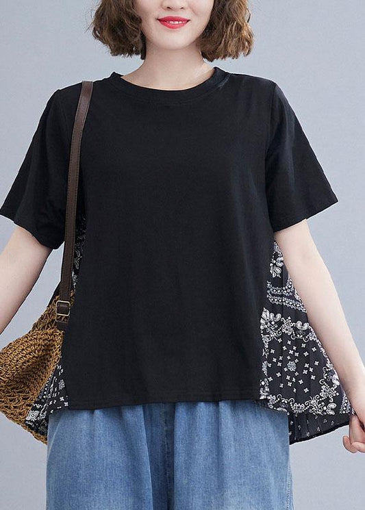 Style Grey Patchwork Print Half Sleeve Cotton Summer Tee - SooLinen