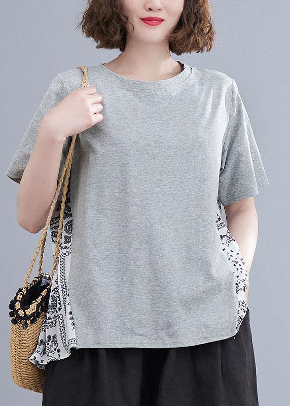 Style Grey Patchwork Print Half Sleeve Cotton Summer Tee - SooLinen