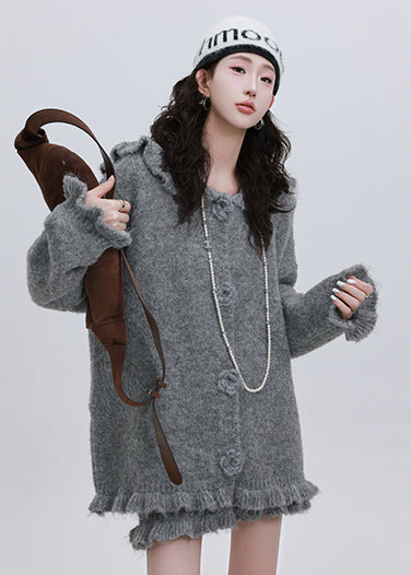 Style Grey Ruffled Oversized Knit Two Pieces Set Flower Decorated Winter