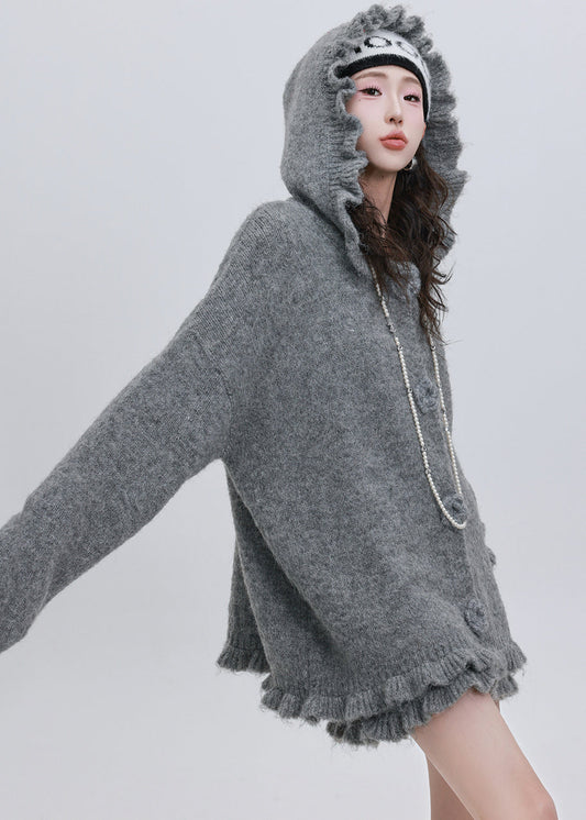 Style Grey Ruffled Oversized Knit Two Pieces Set Flower Decorated Winter