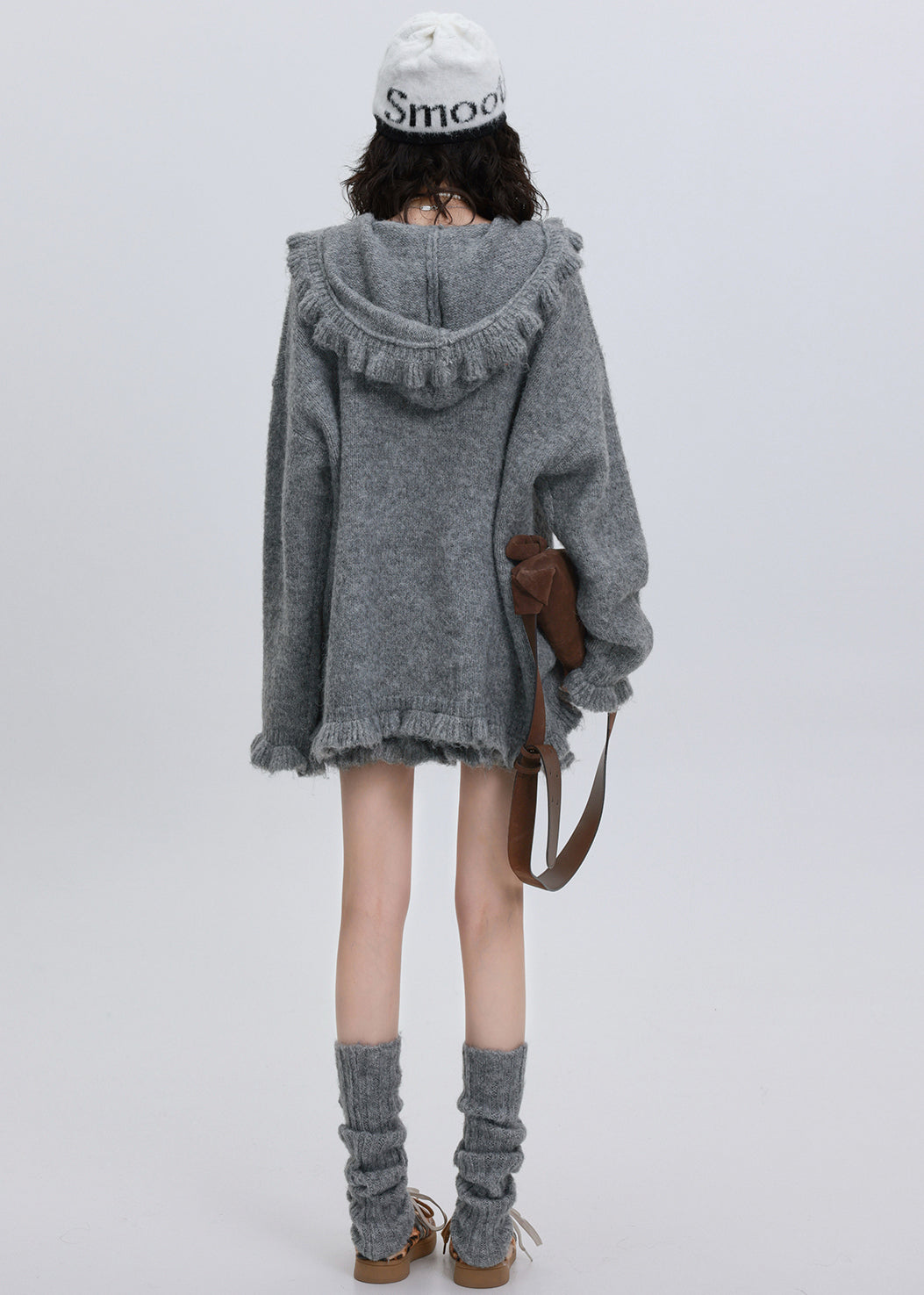 Style Grey Ruffled Oversized Knit Two Pieces Set Flower Decorated Winter